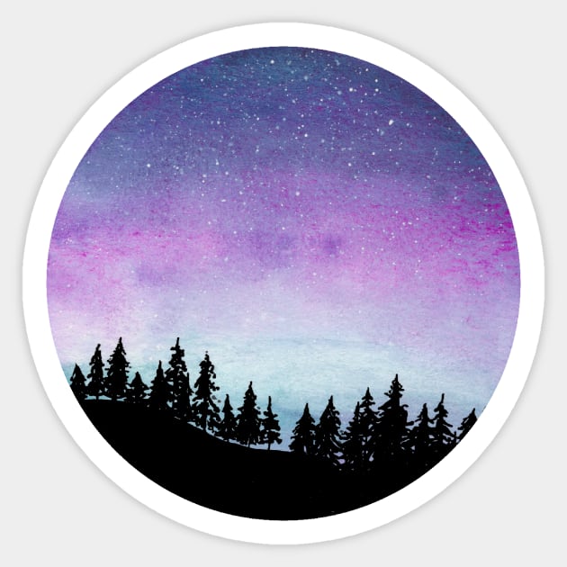 Purple and Blue Galaxy Sky - Watercolour Landscape with Tree Silhouette Sticker by Flowering Words